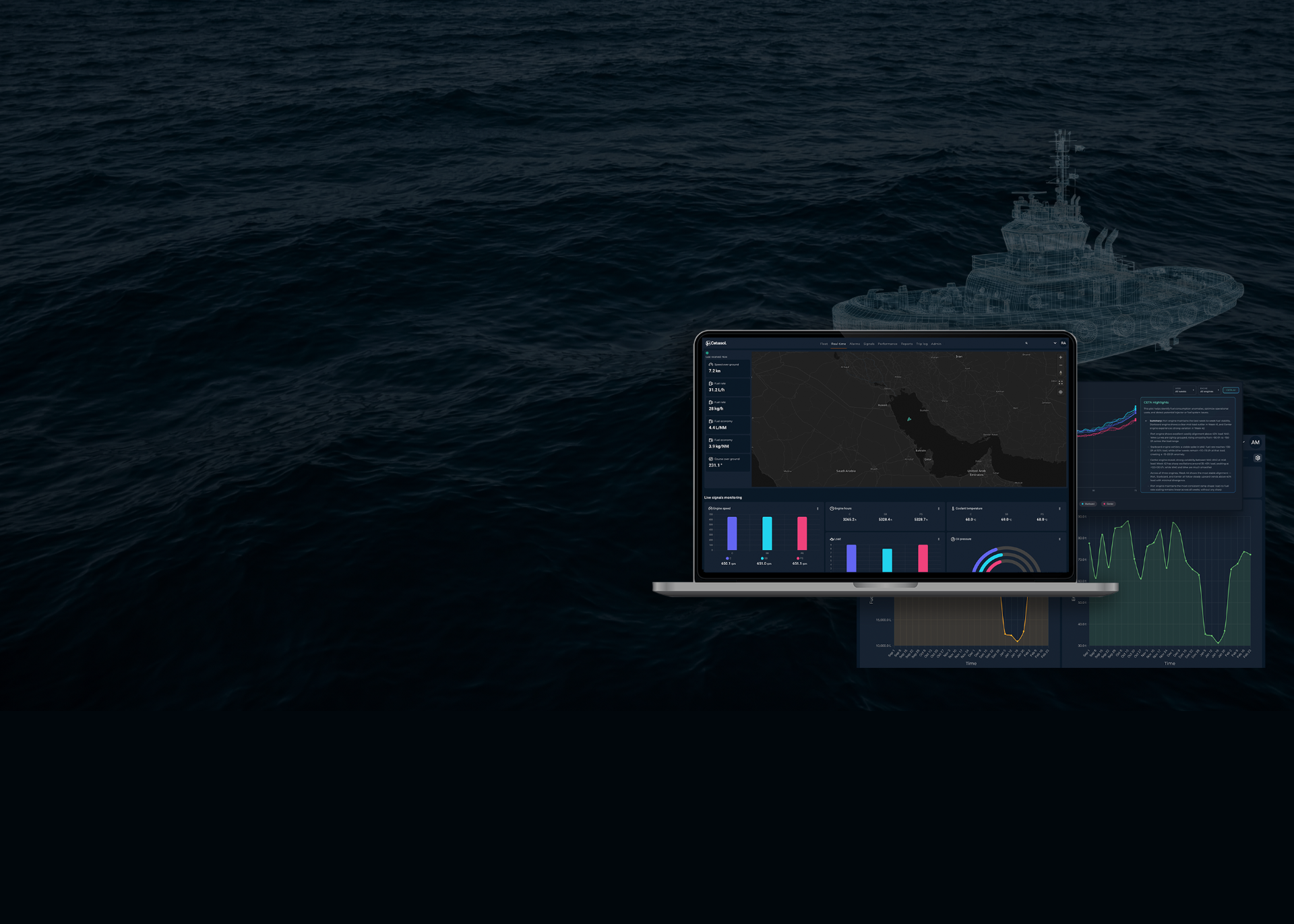 Digital twin visualization of a tugboat with real-time data overlay